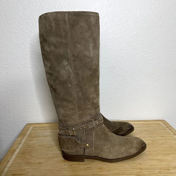 Nine West Boots Size 6.5 Brown Leather Tall Riding Studded Side Zip Western - Picture 3 of 12